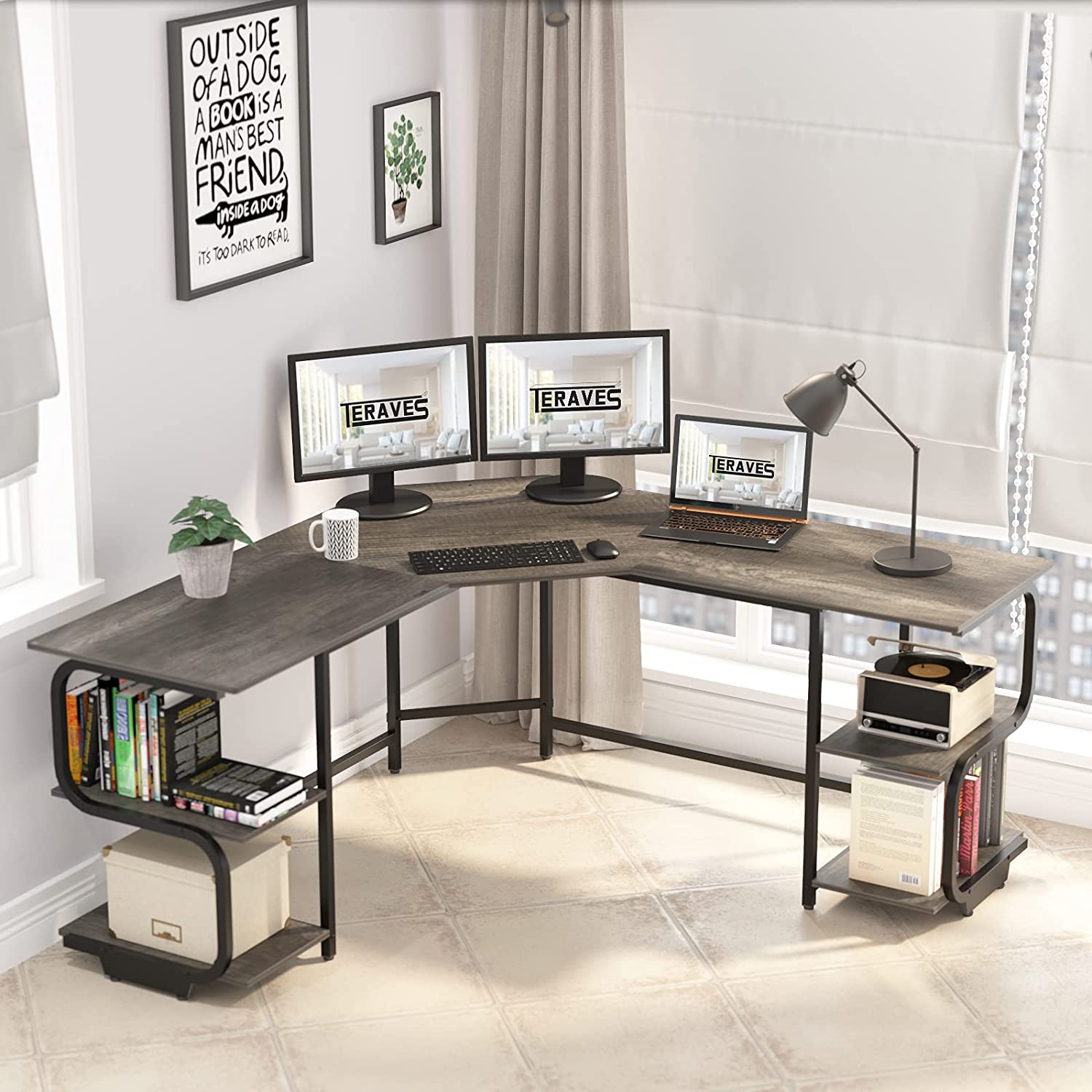 Teraves Reversible Computer Desk for Small Spaces with Shelves,55 inch Gaming Desk Office Desk for Home Office