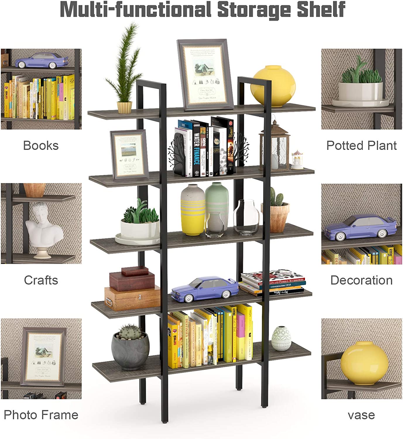 Bookshelf Rack 5 Tier Bookcase Shelf Storage Organizer Wood Look Metal Frame 